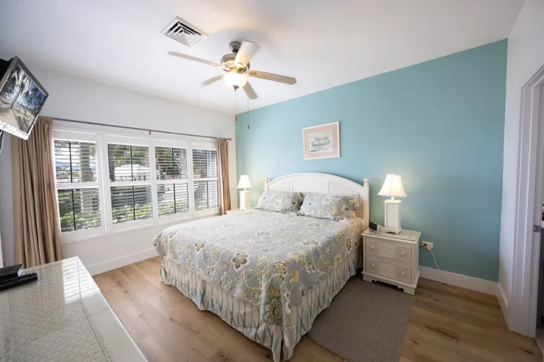 A light-filled bedroom with a white bed and blue accent wall